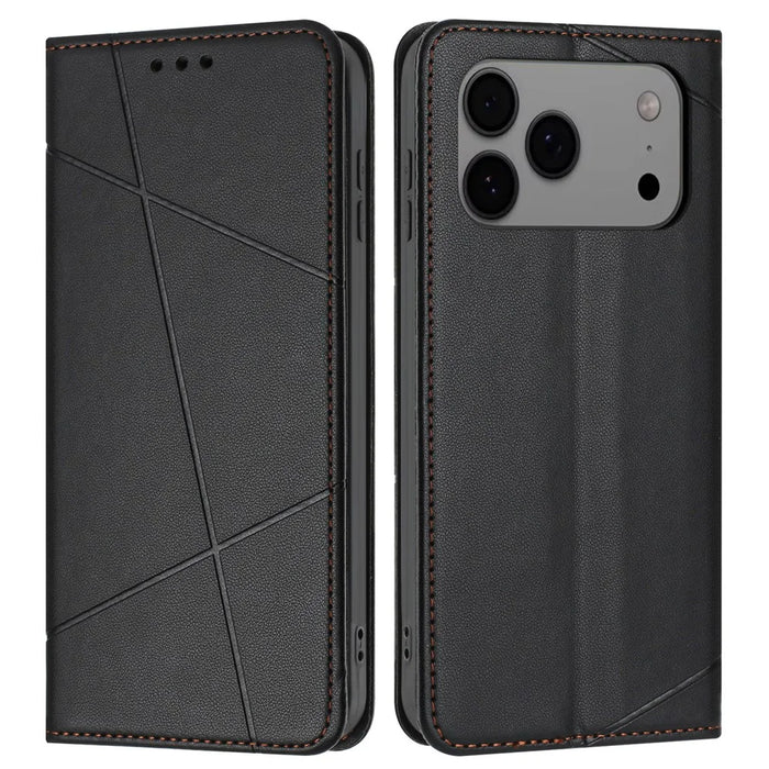For iPhone 18 Pro / 17 Pro Wallet Case Line Imprinted Leather Stand Phone Cover with Wrist Strap - Black - 1