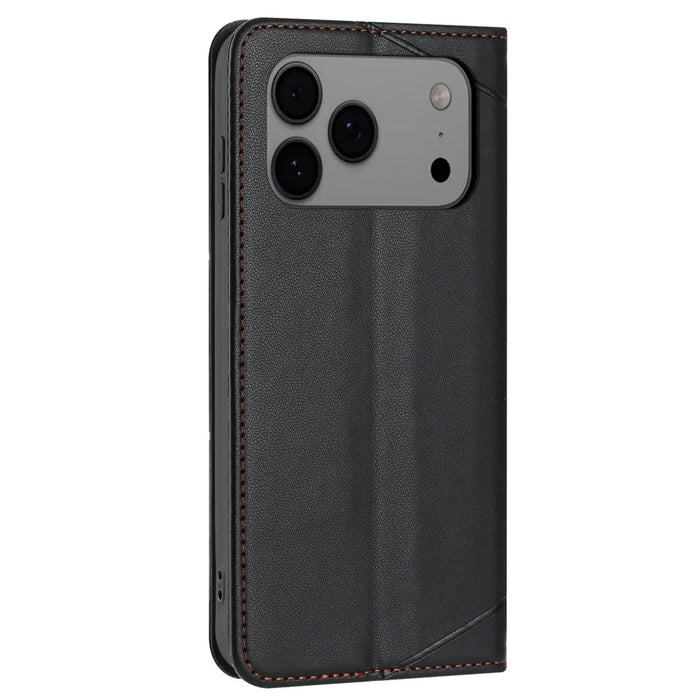 For iPhone 18 Pro / 17 Pro Wallet Case Line Imprinted Leather Stand Phone Cover with Wrist Strap - Black - 7