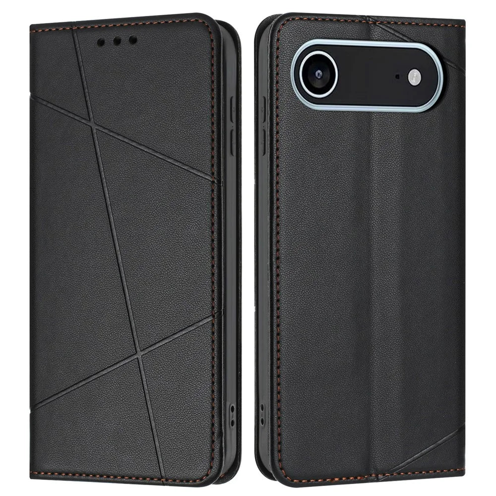 For iPhone Air Wallet Case Line Imprinted Leather Stand Phone Cover with Wrist Strap - Black - 1