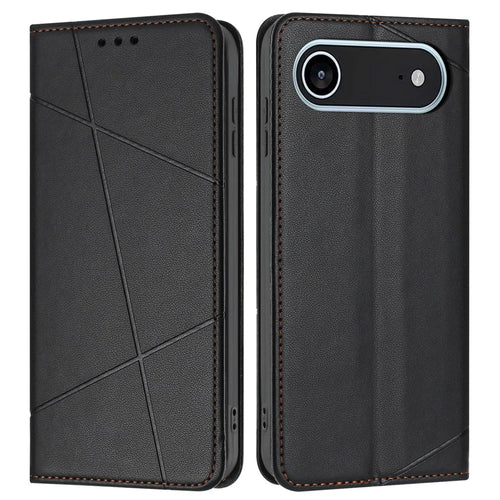 For iPhone Air Wallet Case Line Imprinted Leather Stand Phone Cover with Wrist Strap - Black - 1