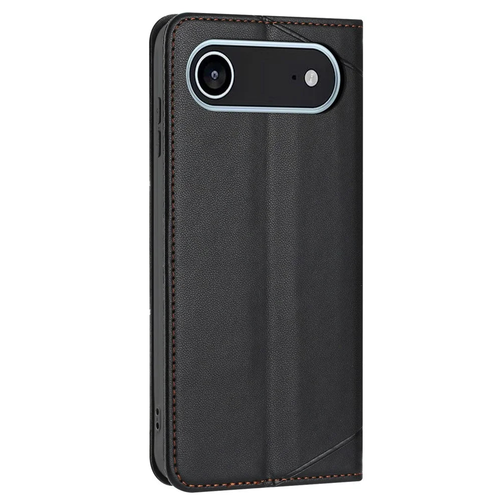 For iPhone Air Wallet Case Line Imprinted Leather Stand Phone Cover with Wrist Strap - Black - 7
