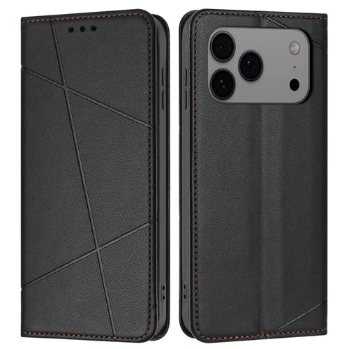 For iPhone 18 Pro Max / 17 Pro Max Wallet Case Line Imprinted Leather Stand Phone Cover with Wrist Strap - Black - 1