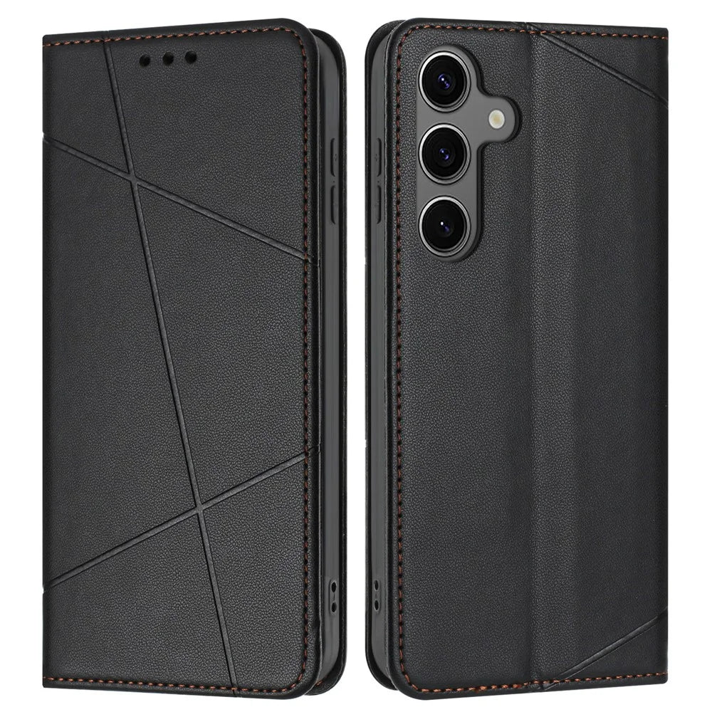 For Samsung Galaxy S25 FE Wallet Case Line Imprinted Leather Stand Phone Cover with Wrist Strap - Black - 1