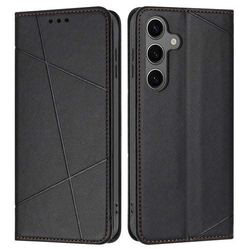 For Samsung Galaxy S25 FE Wallet Case Line Imprinted Leather Stand Phone Cover with Wrist Strap - Black - 1
