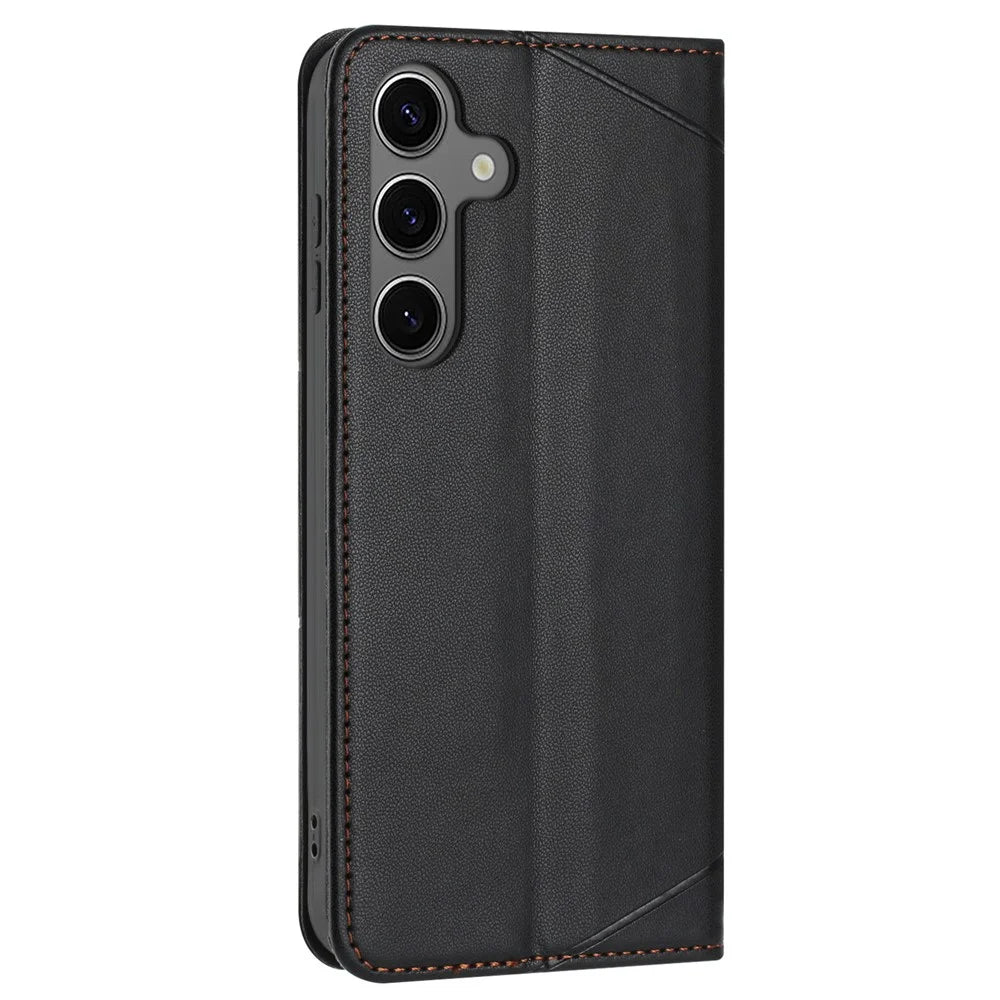 For Samsung Galaxy S25 FE Wallet Case Line Imprinted Leather Stand Phone Cover with Wrist Strap - Black - 7