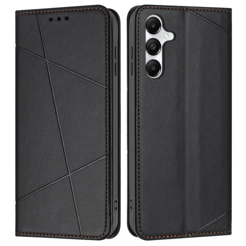 For Samsung Galaxy A35 5G Wallet Case Line Imprinted Leather Stand Phone Cover with Wrist Strap - Black - 1