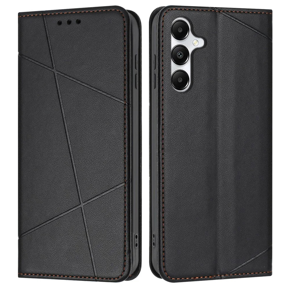 For Samsung Galaxy A35 5G Wallet Case Line Imprinted Leather Stand Phone Cover with Wrist Strap - Black - 1