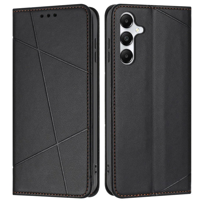 For Samsung Galaxy A35 5G Wallet Case Line Imprinted Leather Stand Phone Cover with Wrist Strap - Black - 1