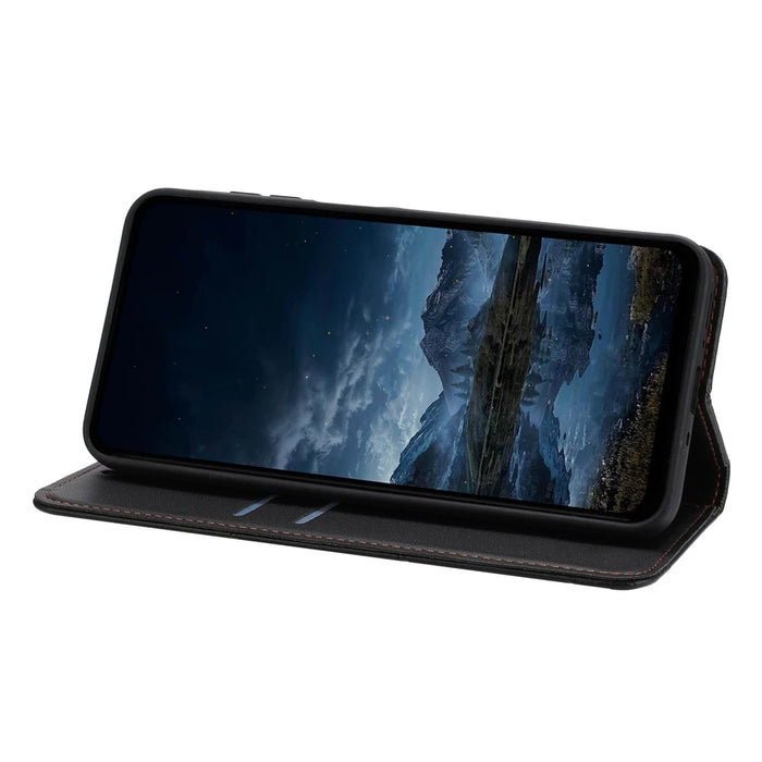For Samsung Galaxy A35 5G Wallet Case Line Imprinted Leather Stand Phone Cover with Wrist Strap - Black - 2