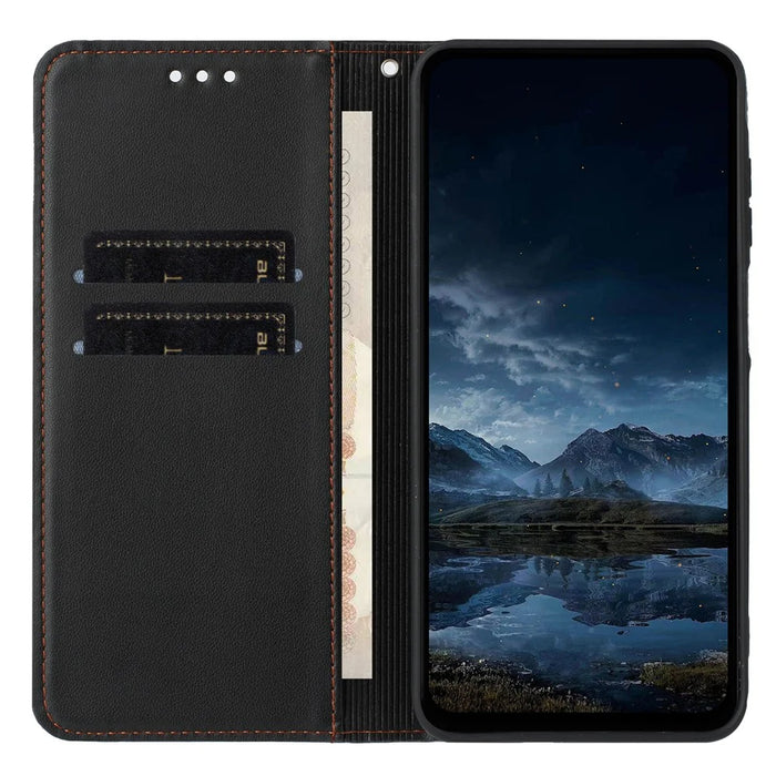 For Samsung Galaxy A35 5G Wallet Case Line Imprinted Leather Stand Phone Cover with Wrist Strap - Black - 3