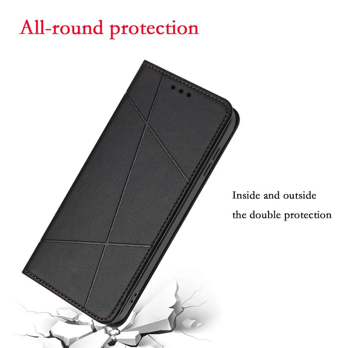 For Samsung Galaxy A35 5G Wallet Case Line Imprinted Leather Stand Phone Cover with Wrist Strap - Black - 4