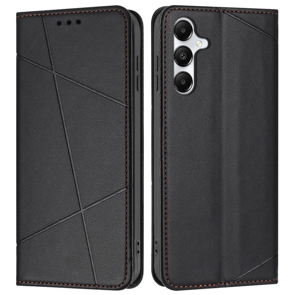 For Samsung Galaxy A15 4G / 5G Wallet Case Line Imprinted Leather Stand Phone Cover with Wrist Strap - Black - 1