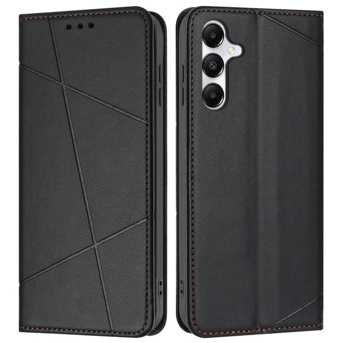 For Samsung Galaxy A15 4G / 5G Wallet Case Line Imprinted Leather Stand Phone Cover with Wrist Strap - Black - 1