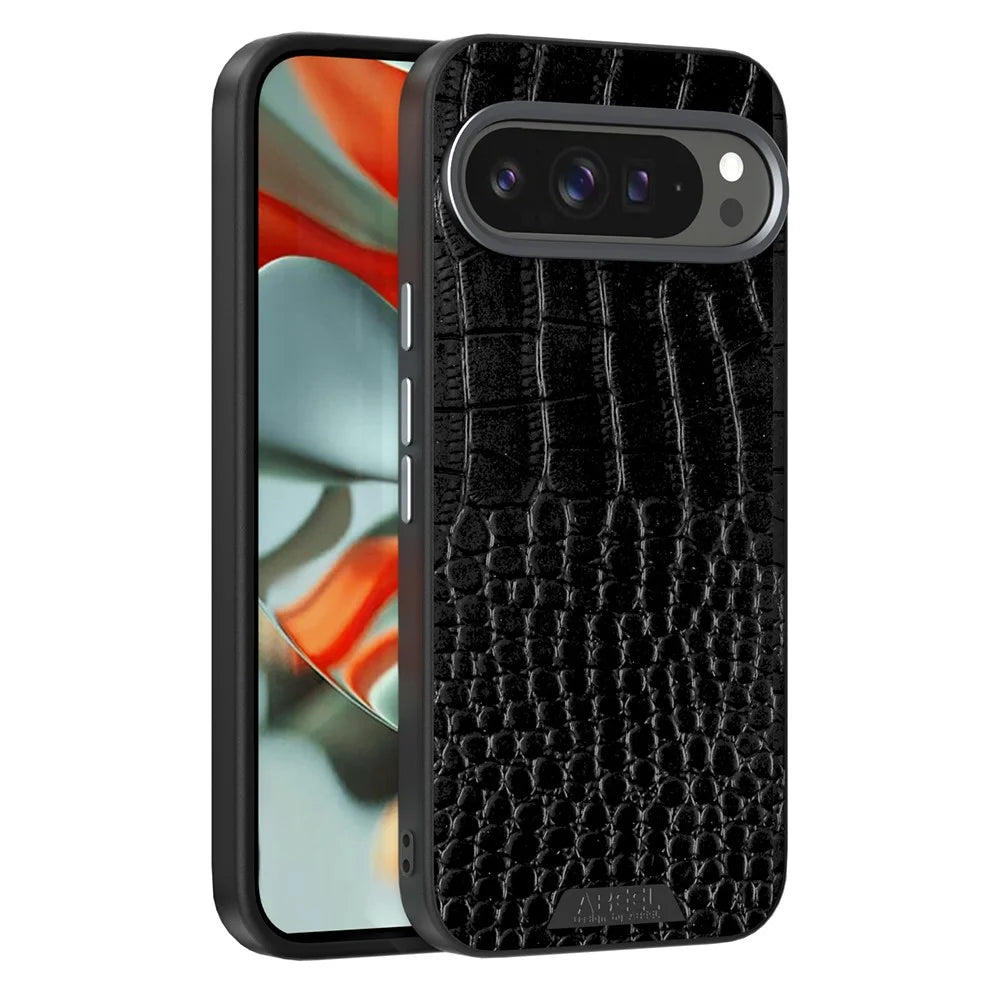 ABEEL For Google Pixel 9 Pro XL Magnetic Case Crocodile Texture Micro-Embossing Back Cover - Black - 1