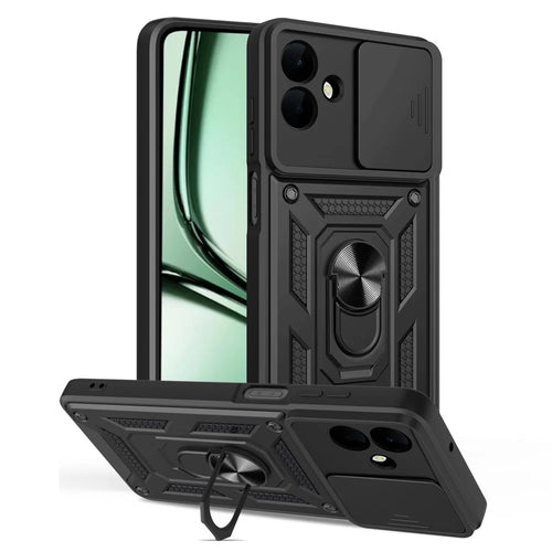 For Samsung Galaxy A08 5G / A08 4G / A07 5G / A07 4G Case with Slide Camera Lid PC + TPU Kickstand Phone Cover - Black - 1