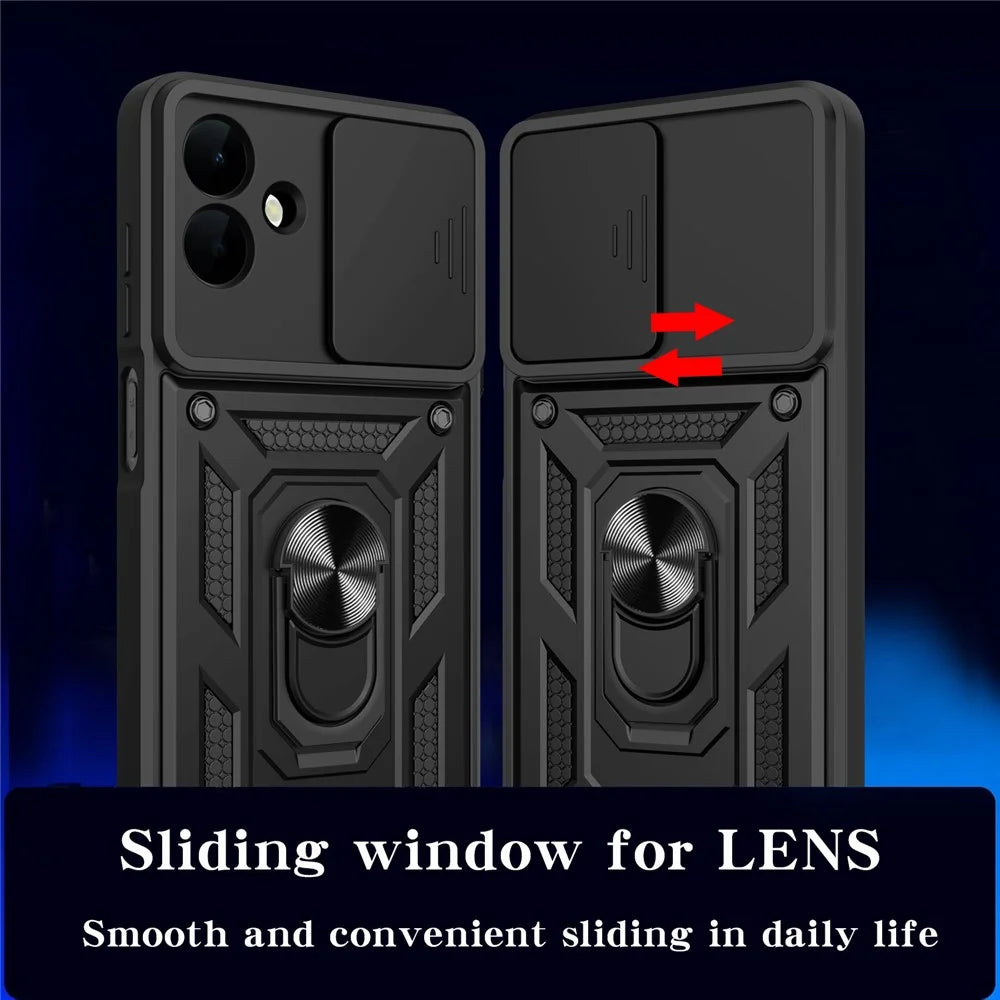 For Samsung Galaxy A08 5G / A08 4G / A07 5G / A07 4G Case with Slide Camera Lid PC + TPU Kickstand Phone Cover - Black - 6