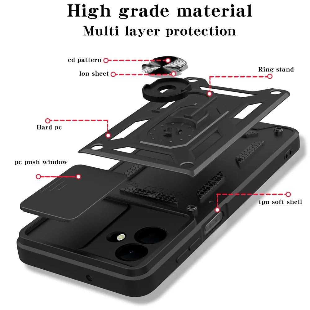 For Samsung Galaxy A08 5G / A08 4G / A07 5G / A07 4G Case with Slide Camera Lid PC + TPU Kickstand Phone Cover - Black - 7