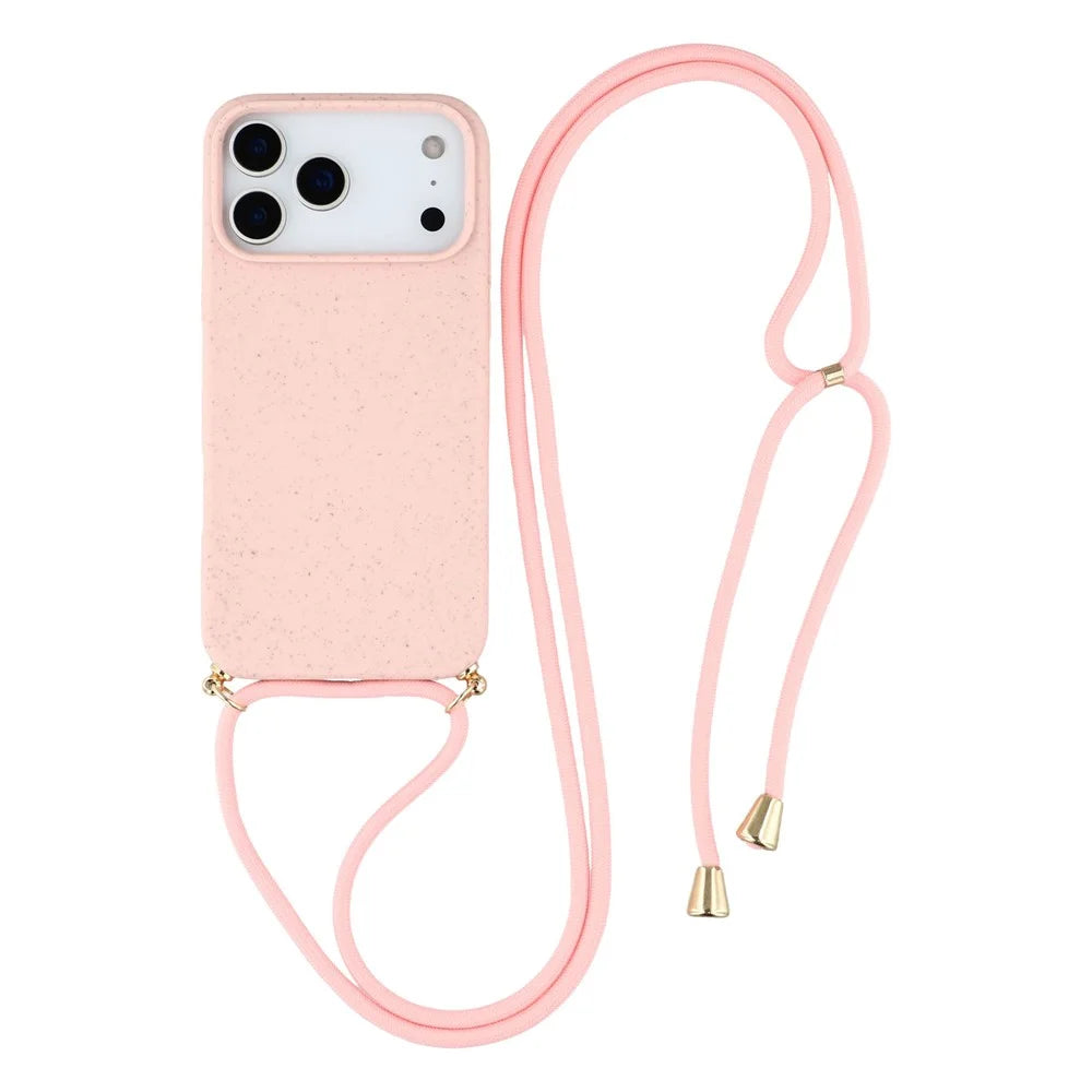 For iPhone 18 Pro Max / 17 Pro Max Case Biodegradable Wheat Straw + TPU Eco-Friendly Phone Cover with Lanyard - Pink - 1