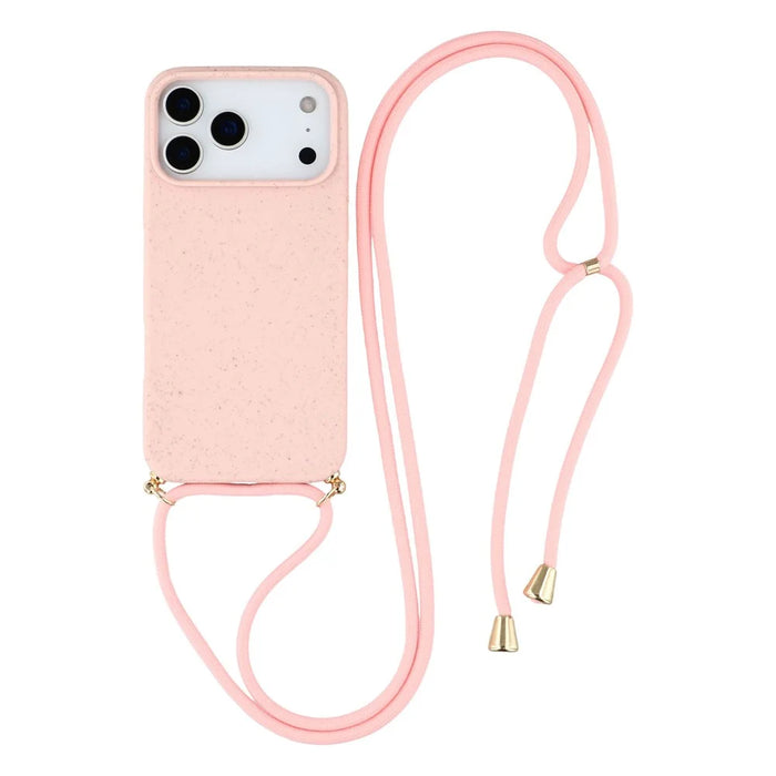 For iPhone 18 Pro Max / 17 Pro Max Case Biodegradable Wheat Straw + TPU Eco-Friendly Phone Cover with Lanyard - Pink - 1