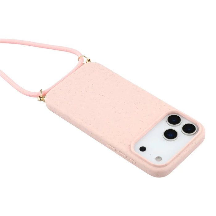 For iPhone 18 Pro Max / 17 Pro Max Case Biodegradable Wheat Straw + TPU Eco-Friendly Phone Cover with Lanyard - Pink - 5