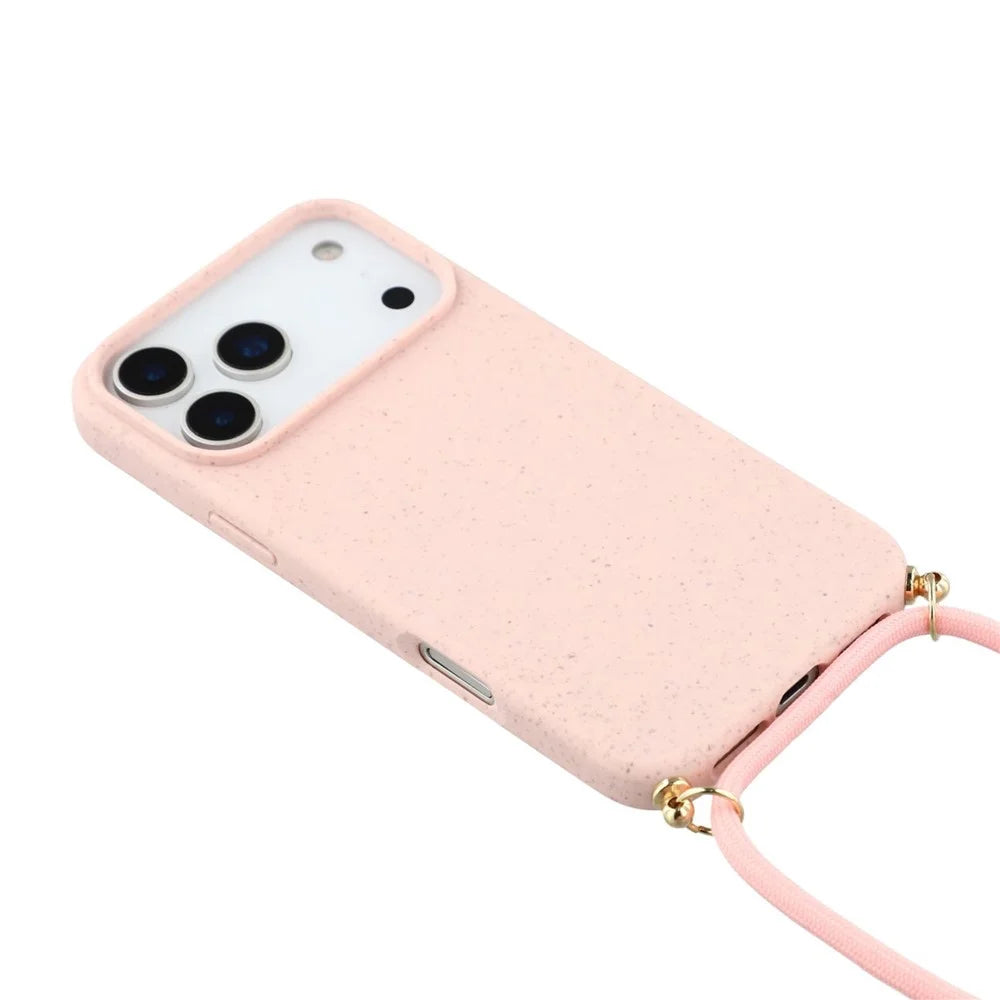 For iPhone 18 Pro / 17 Pro Case Biodegradable Wheat Straw + TPU Eco-Friendly Phone Cover with Lanyard - Pink - 4