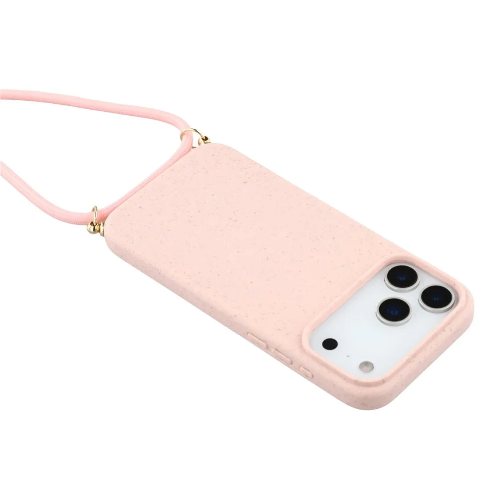For iPhone 18 Pro / 17 Pro Case Biodegradable Wheat Straw + TPU Eco-Friendly Phone Cover with Lanyard - Pink - 5