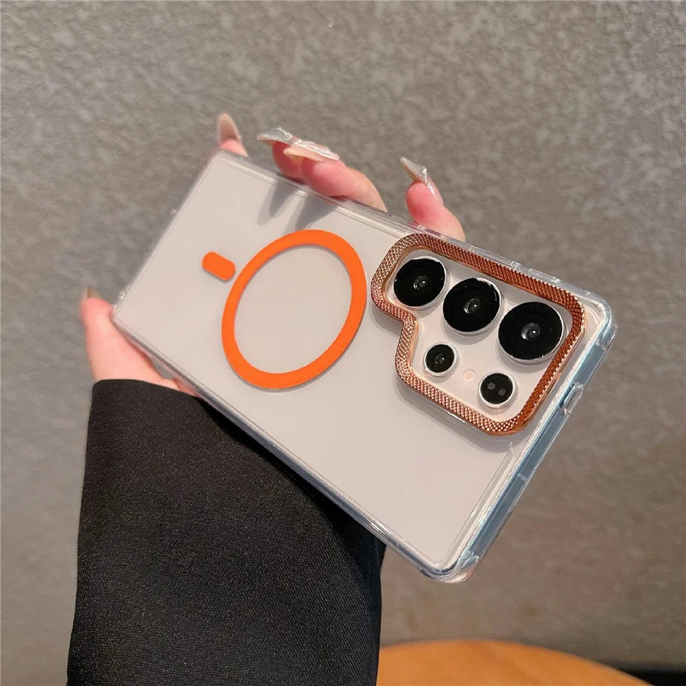 For Samsung Galaxy S25 Ultra Magnetic Case PC + TPU Clear Phone Cover with Diamond Texture Lens Frame - Orange - 2