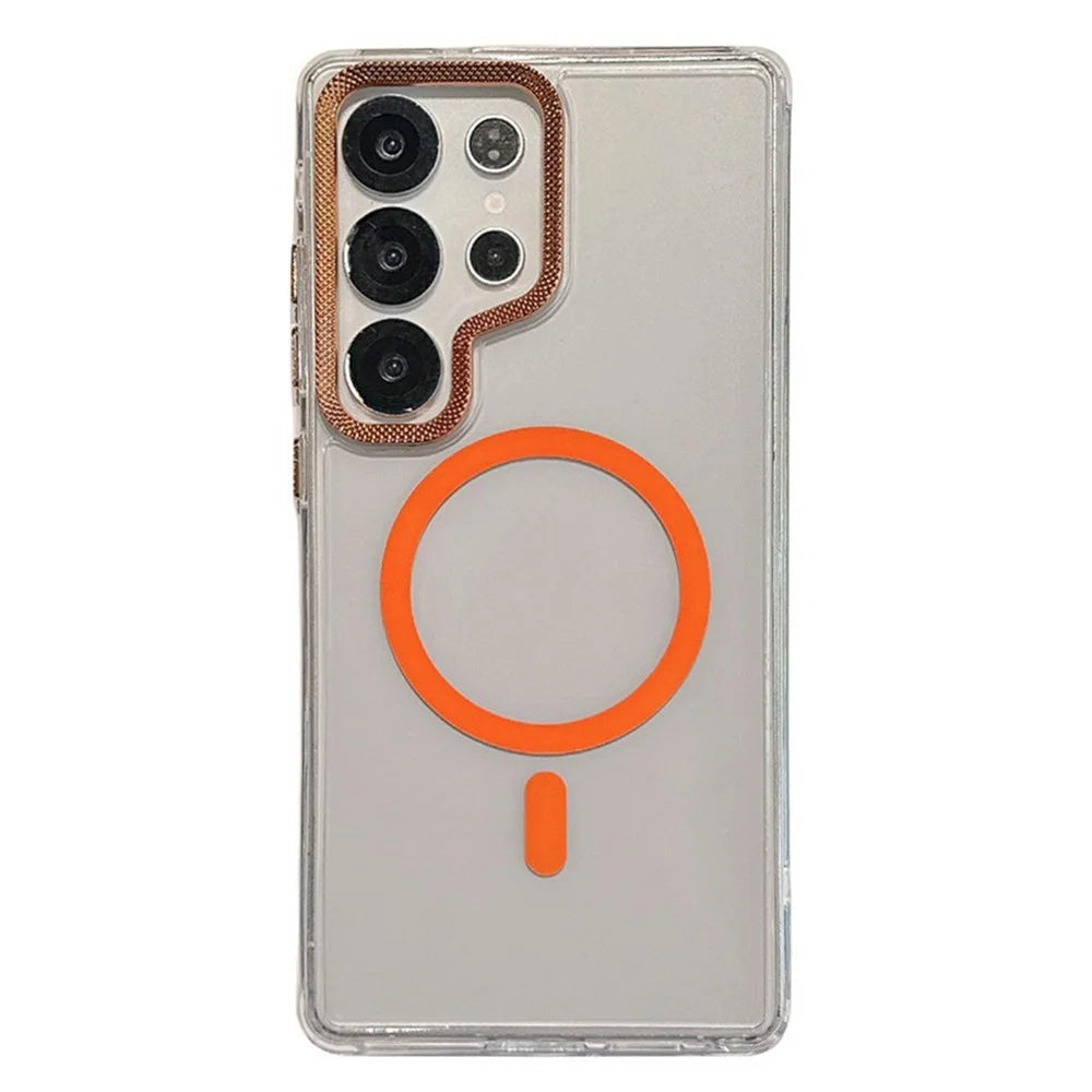 For Samsung Galaxy S23 Ultra Magnetic Case PC + TPU Clear Phone Cover with Diamond Texture Lens Frame - Orange - 1