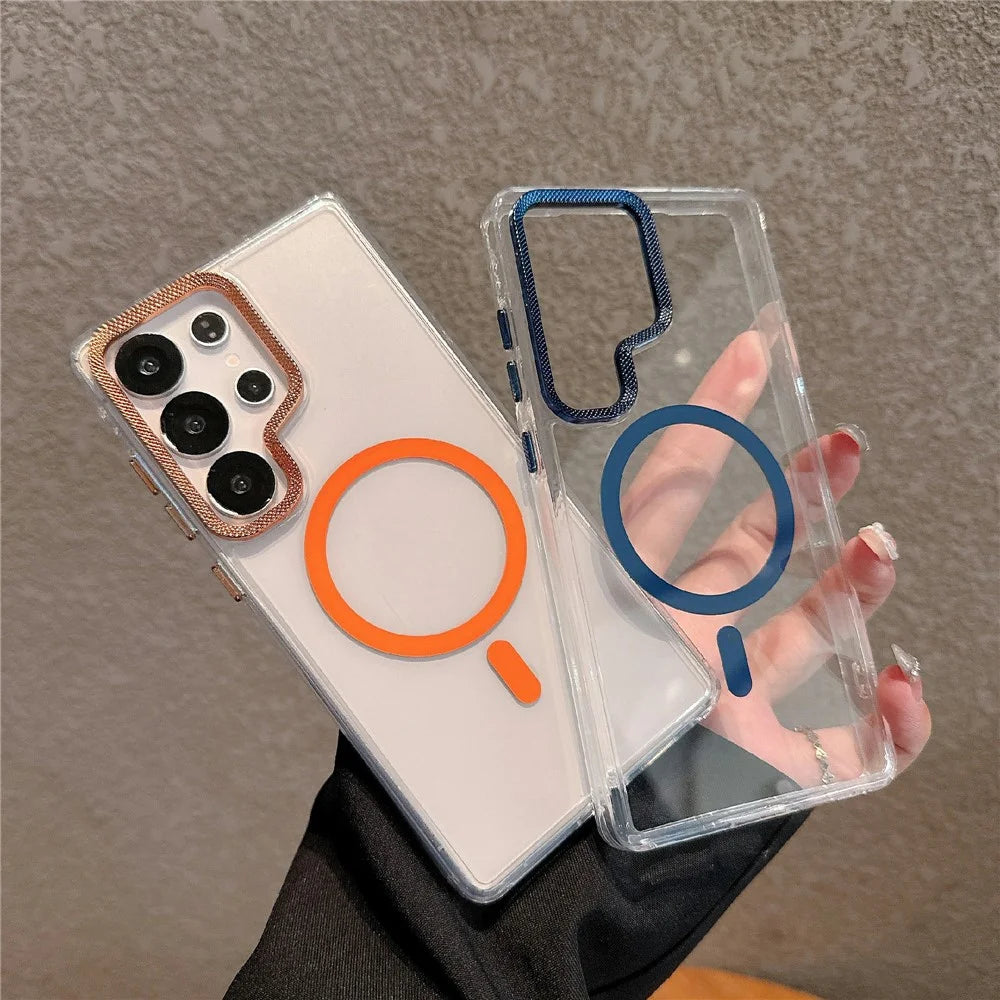 For Samsung Galaxy S23 Ultra Magnetic Case PC + TPU Clear Phone Cover with Diamond Texture Lens Frame - Orange - 3