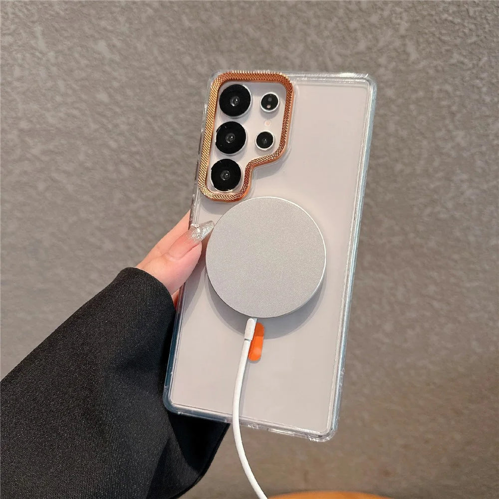 For Samsung Galaxy S23 Ultra Magnetic Case PC + TPU Clear Phone Cover with Diamond Texture Lens Frame - Orange - 4