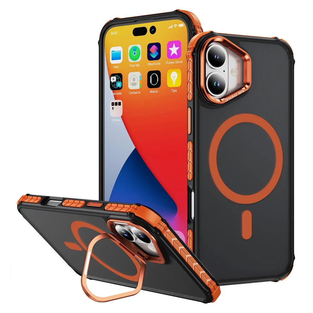 For iPhone 17 Case with Lens Kickstand Matte Phone Back Cover Compatible with MagSafe - Orange - 1