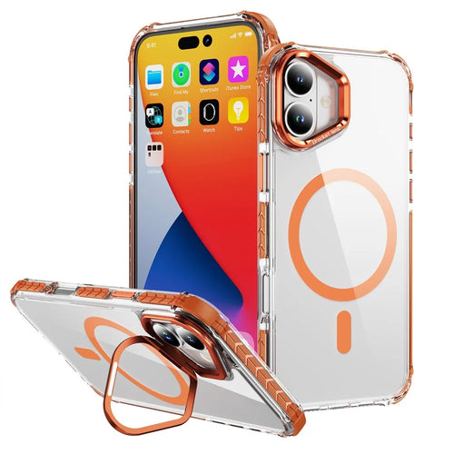 For iPhone 17 Clear Phone Case with Lens Kickstand Cover Compatible with MagSafe - Orange - 1