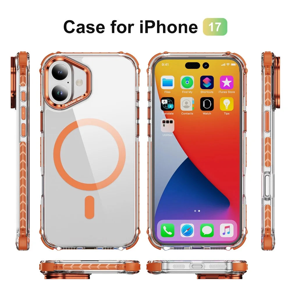 For iPhone 17 Clear Phone Case with Lens Kickstand Cover Compatible with MagSafe - Orange - 2
