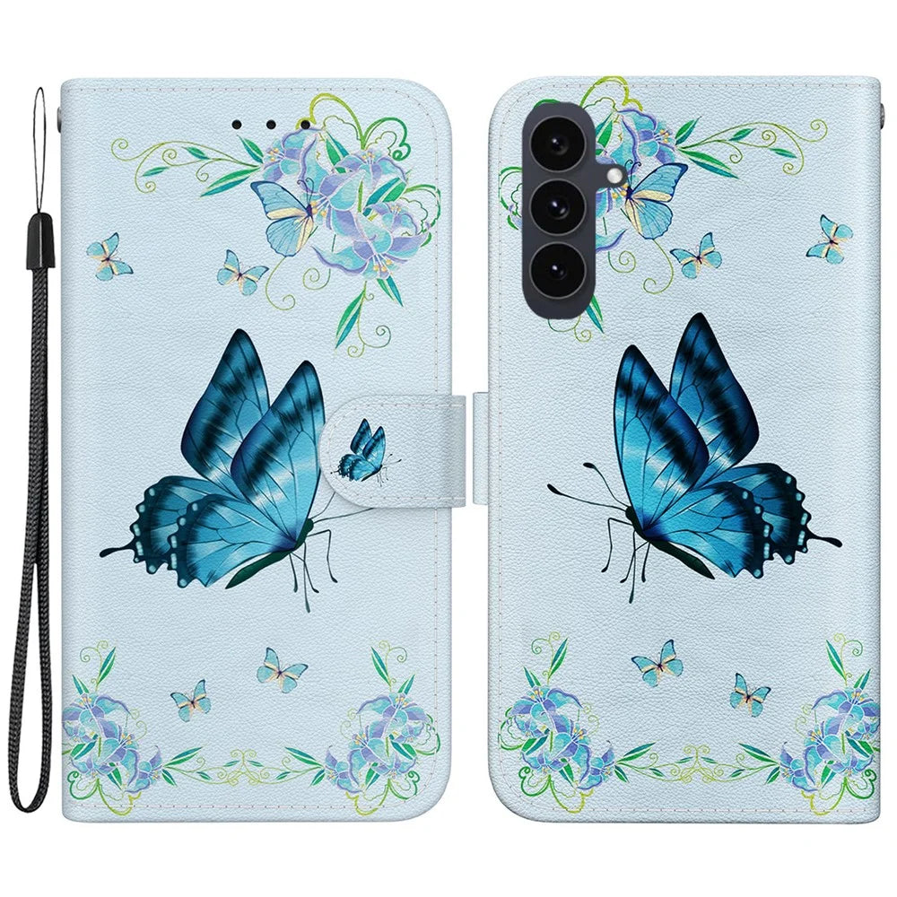 For Samsung Galaxy S25 FE Wallet Phone Case Anti-Drop Pattern Printing Leather Flip Cover with Strap - Blue Butterfly Flower - 1