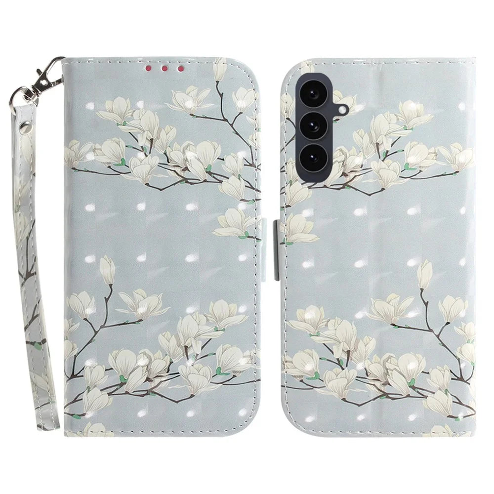 For Samsung Galaxy S25 FE Case Pattern Printing Leather Wallet Phone Cover with Wrist Strap - Magnolia - 1