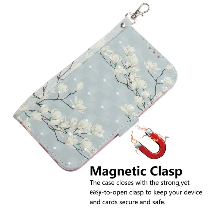 For Samsung Galaxy S25 FE Case Pattern Printing Leather Wallet Phone Cover with Wrist Strap - Magnolia - 4