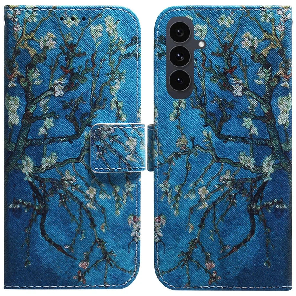 For Samsung Galaxy S25 FE Wallet Case Pattern Print Leather Phone Cover - Apricot Flowers - 1