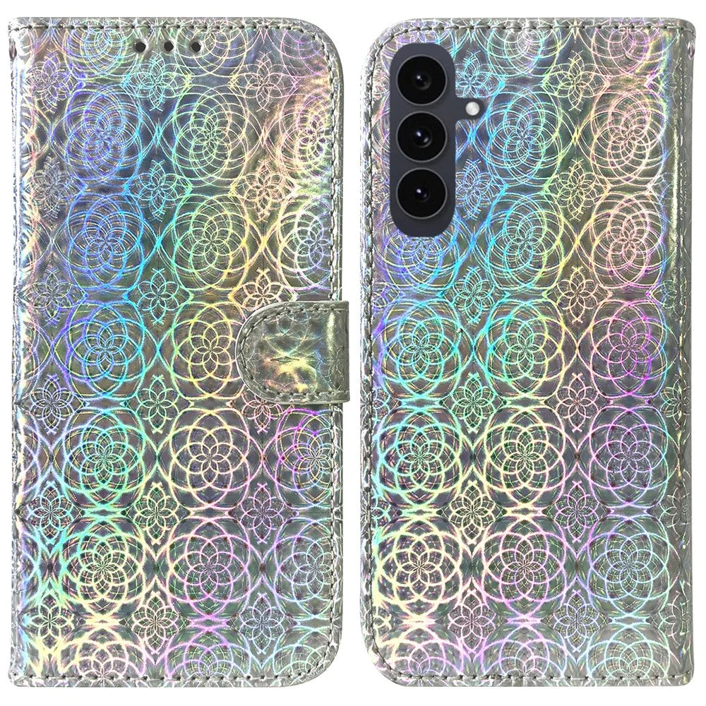 For Samsung Galaxy S25 FE Stand Case Dazzling Flower Leather Phone Cover with Wrist Strap - Grey - 1