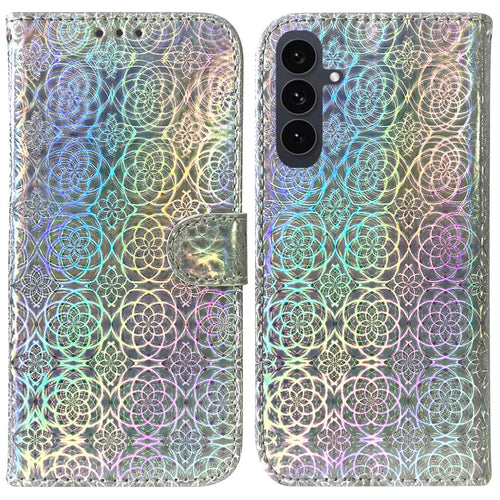 For Samsung Galaxy S25 FE Stand Case Dazzling Flower Leather Phone Cover with Wrist Strap - Grey - 1