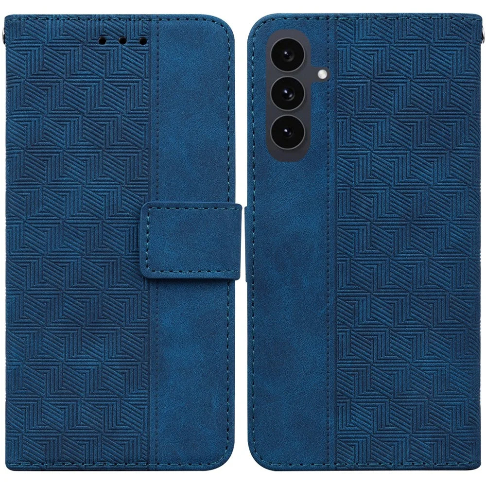 For Samsung Galaxy S25 FE Case Geometry Pattern Leather Wallet Phone Cover with Wrist Strap - Blue - 1