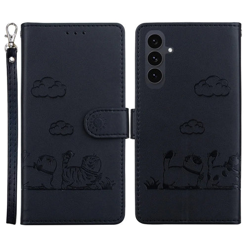 For Samsung Galaxy S25 FE Case RFID Blocking Kitten Pattern TPU + PU Leather Phone Cover with Wrist Strap - Black - 1