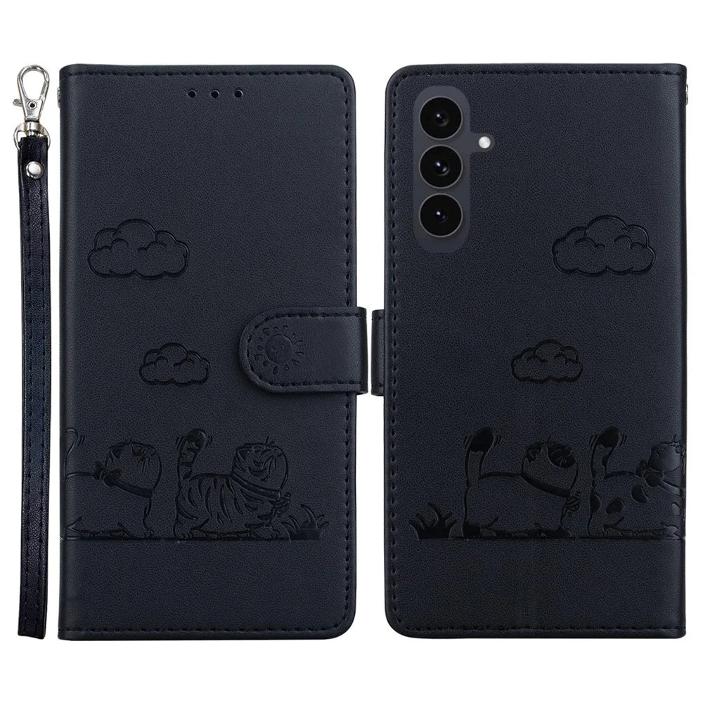 For Samsung Galaxy S25 FE Case RFID Blocking Kitten Pattern TPU + PU Leather Phone Cover with Wrist Strap - Black - 1
