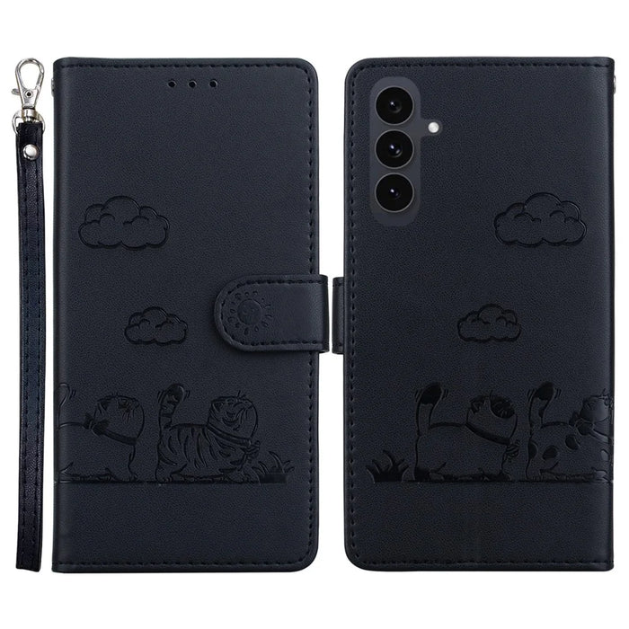 For Samsung Galaxy S25 FE Case RFID Blocking Kitten Pattern TPU + PU Leather Phone Cover with Wrist Strap - Black - 1