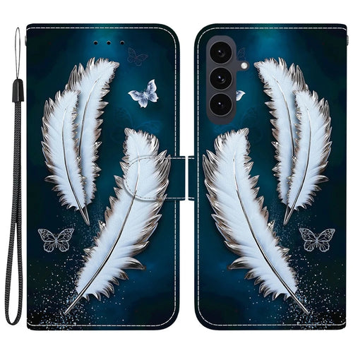 For Samsung Galaxy S25 FE Case Pattern Printing Leather Flip Wallet Phone Cover with Lanyard - White Butterfly Feather - 1