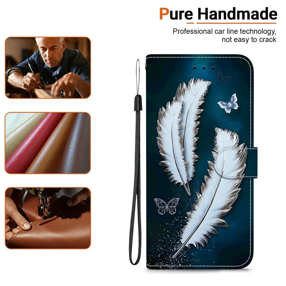For Samsung Galaxy S25 FE Case Pattern Printing Leather Flip Wallet Phone Cover with Lanyard - White Butterfly Feather - 6
