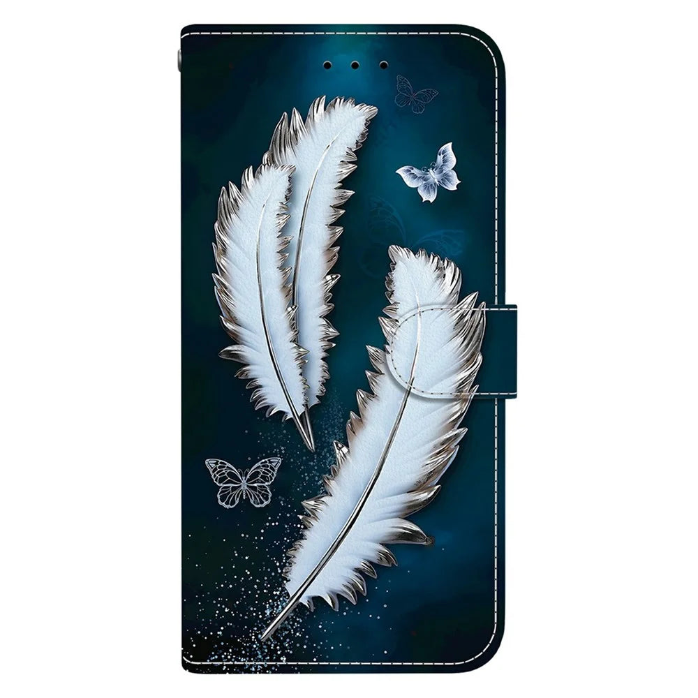 For Samsung Galaxy S25 FE Case Pattern Printing Leather Flip Wallet Phone Cover with Lanyard - White Butterfly Feather - 7