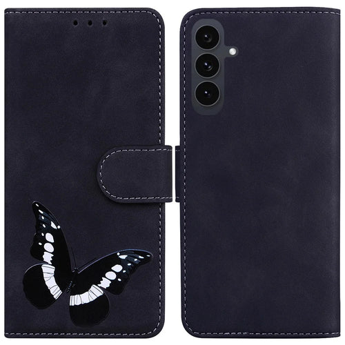 For Samsung Galaxy S25 FE Stand Case PU Leather Phone Cover Butterfly Printed - Black - 1