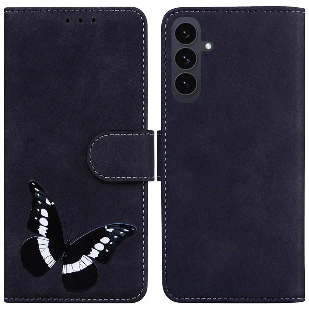 For Samsung Galaxy S25 FE Stand Case PU Leather Phone Cover Butterfly Printed - Black - 1