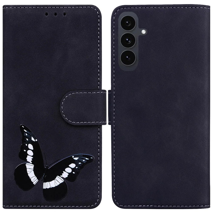 For Samsung Galaxy S25 FE Stand Case PU Leather Phone Cover Butterfly Printed - Black - 1