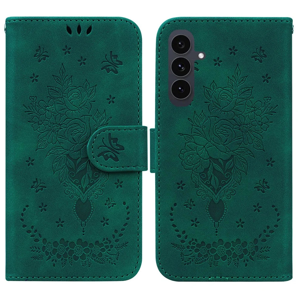 For Samsung Galaxy S25 FE Case Butterfly Flower Imprint PU Leather Wallet Phone Cover with Strap - Green - 1